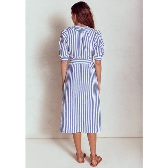 Boden Ada Double Cloth Blue White Stripe Midi Dress Sundress 6 Petite Black Belt - Picture 3 of 10